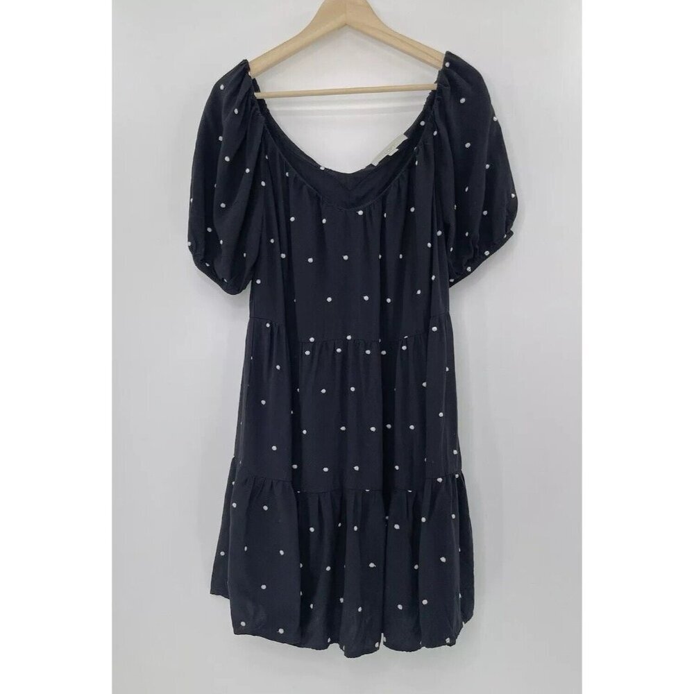 Loft Tiered Black White Embroidered Polka Dot Puff Sleeve Swing Dress, M, SU’ 23